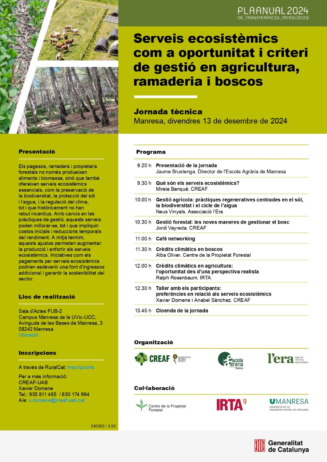 Programa de la jornada de serveis ecosistèmics de l'agricultura, la ramaderia i els boscos