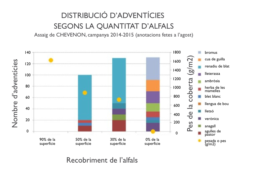 Diversitat d'adventícies segons l'ocupació del sòl per alfals en coberta